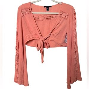 Forever 21 Medium Peach Lace Tie-Front Crop Top